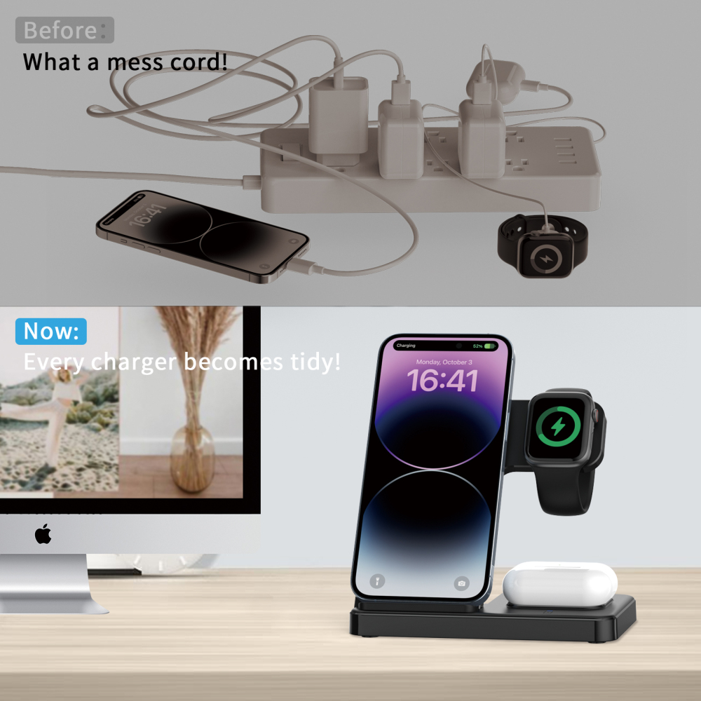 Wireless Charger Portable 3 in 1 Foldable Phone Wireless Chargers 15W Fast Magnetic Wireless Charger Stand for Multiple Devices