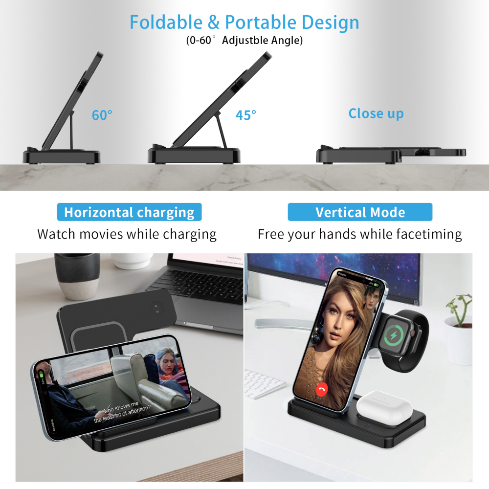 Wireless Charger Portable 3 in 1 Foldable Phone Wireless Chargers 15W Fast Magnetic Wireless Charger Stand for Multiple Devices