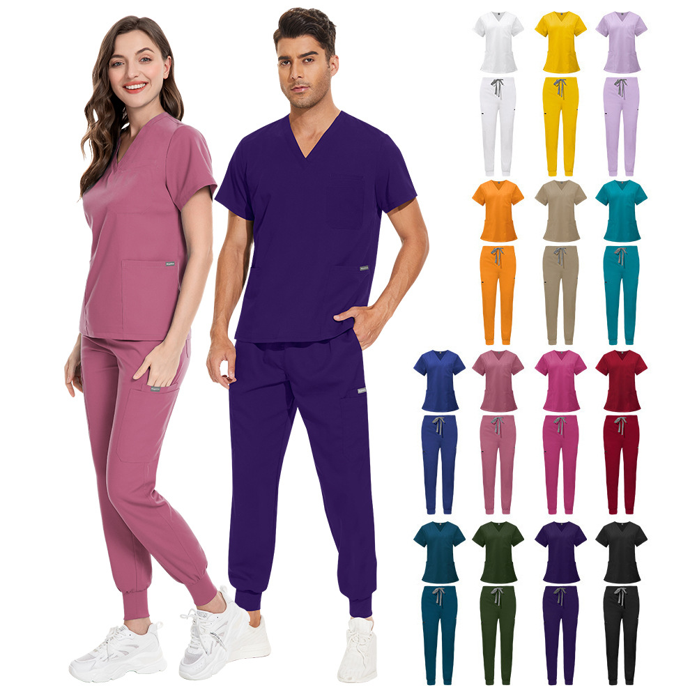 2025 New Hospital Uniforms Scrubs Sets Unisex Nurses Uniform V-neck Nursing Uniform Joggers Sets for Women Men Clinics Care Facilities Long Periods of Standing Fashion Top & Pants Stretchable Comfortable Durable Work Clothes Short-sleeve Casual Style