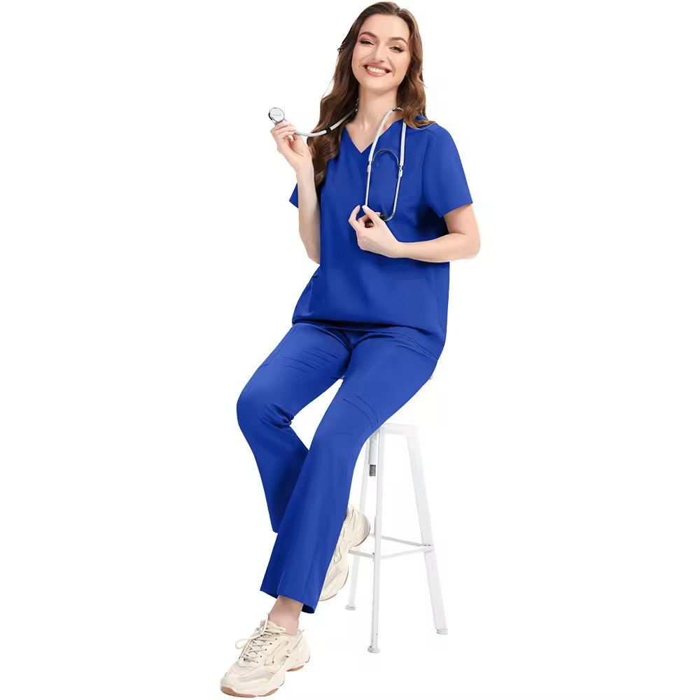 2025 New Nurse Uniform for Women Hospital Uniforms Bell-bottomed Pants Scrubs Sets Culottes V-neck Spandex Polyester Fabric