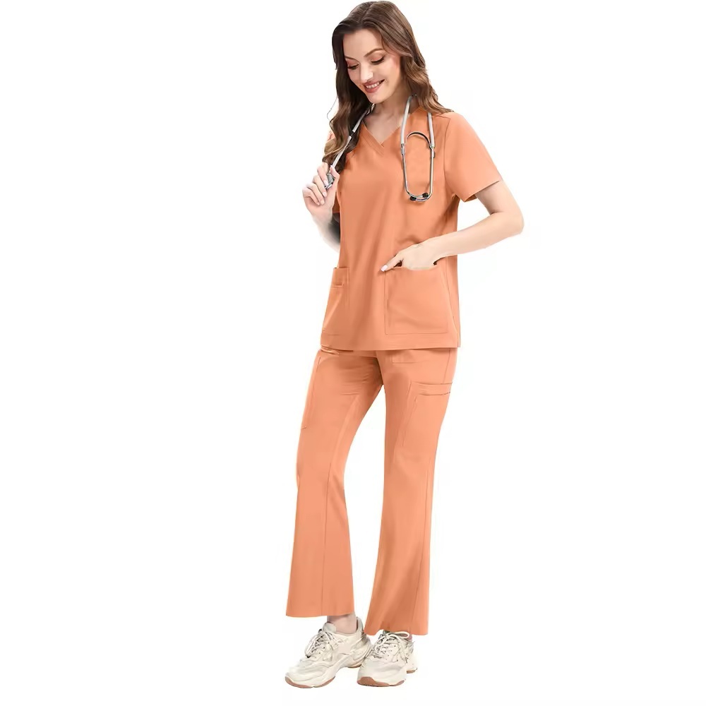 2025 New Nurse Uniform for Women Hospital Uniforms Bell-bottomed Pants Scrubs Sets Culottes V-neck Spandex Polyester Fabric