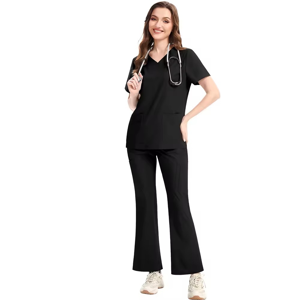 2025 New Nurse Uniform for Women Hospital Uniforms Bell-bottomed Pants Scrubs Sets Culottes V-neck Spandex Polyester Fabric