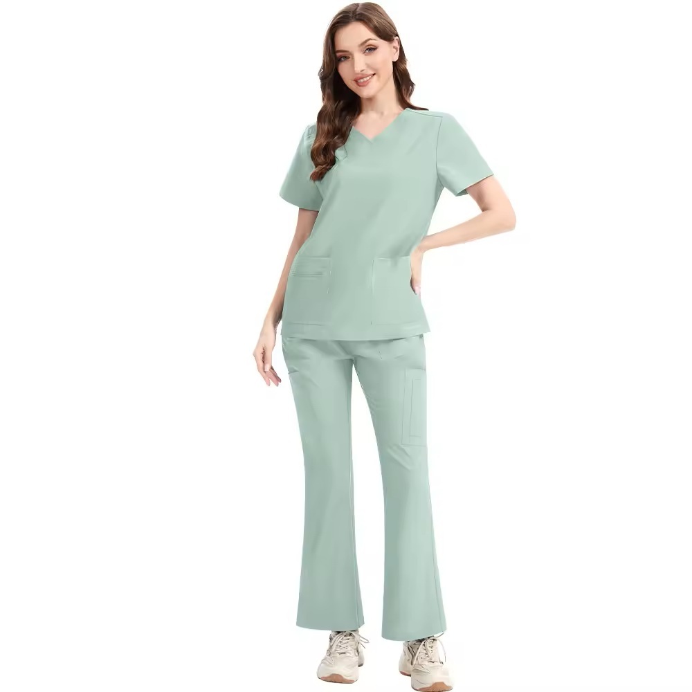 2025 New Nurse Uniform for Women Hospital Uniforms Bell-bottomed Pants Scrubs Sets Culottes V-neck Spandex Polyester Fabric