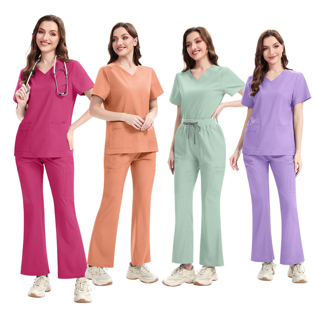 2025 New Nurse Uniform for Women Hospital Uniforms Bell-bottomed Pants Scrubs Sets Culottes V-neck Spandex Polyester Fabric