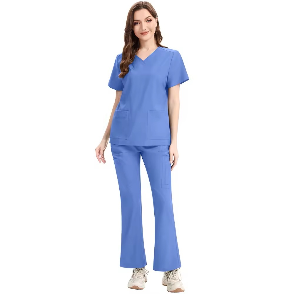 2025 New Nurse Uniform for Women Hospital Uniforms Bell-bottomed Pants Scrubs Sets Culottes V-neck Spandex Polyester Fabric