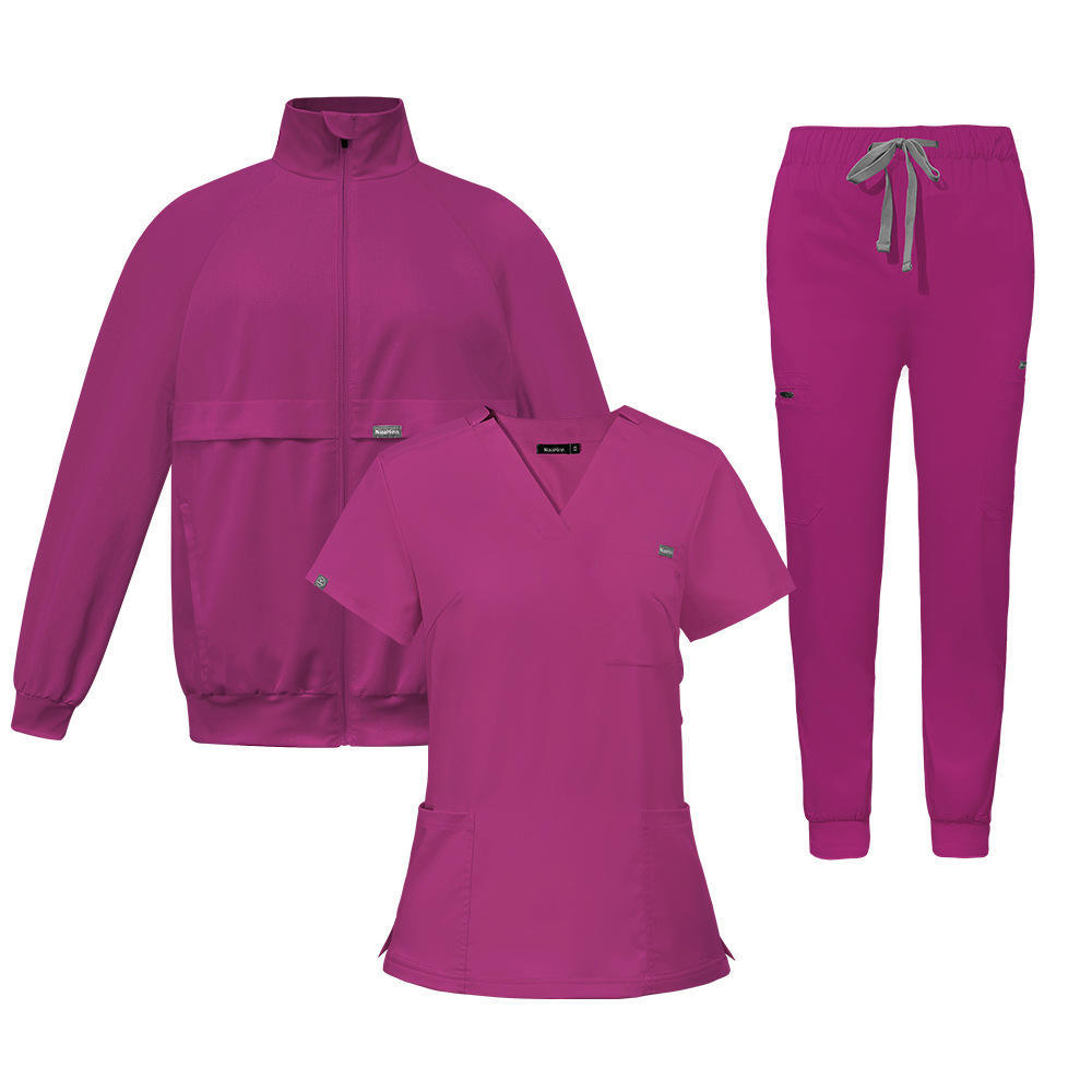 Three-piece Set Nurse Scrub Sets Long-sleeved Jacket Jogger Pants V-neck Nursing Uniform for Hospital Beauty Salon Work Uniform