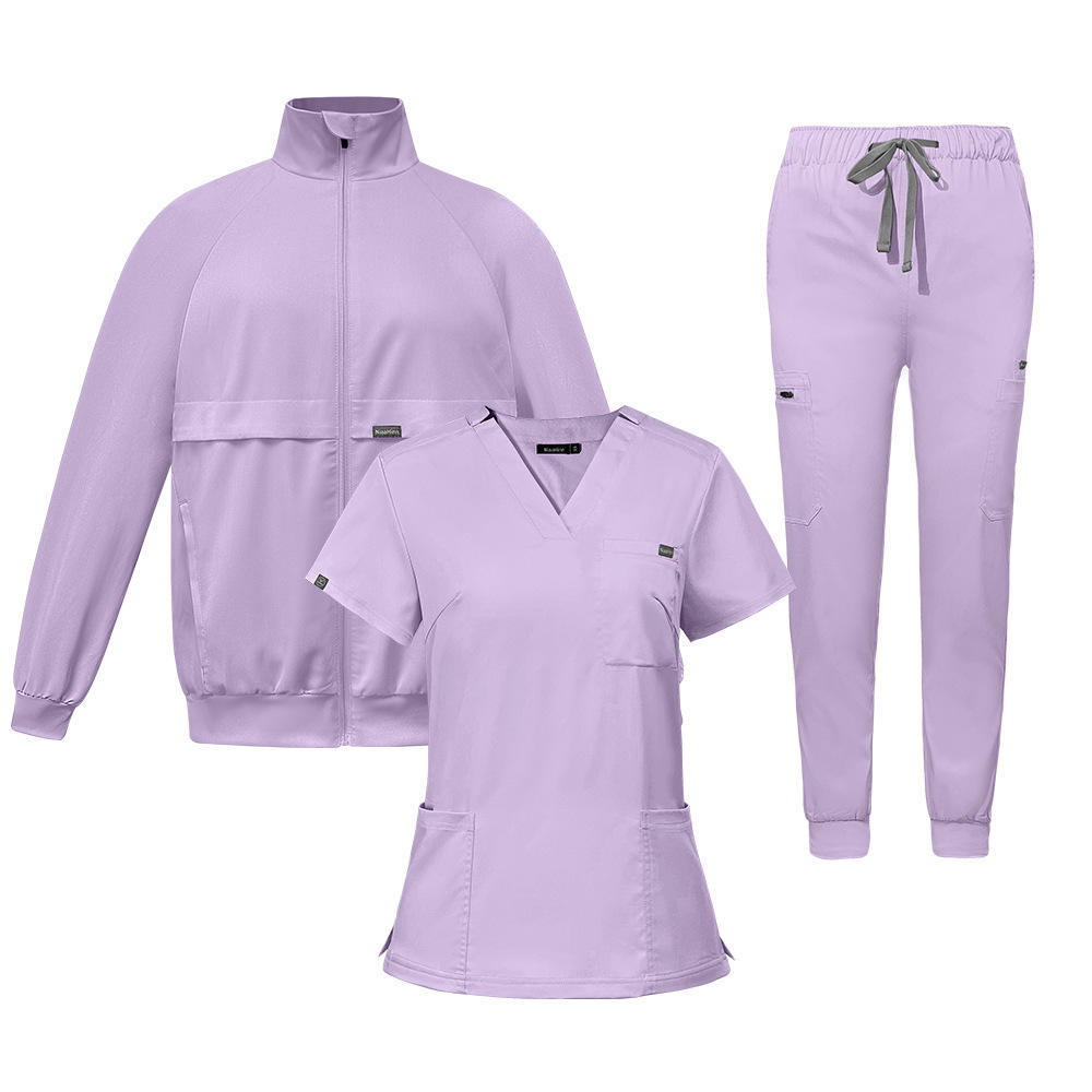 Three-piece Set Nurse Scrub Sets Long-sleeved Jacket Jogger Pants V-neck Nursing Uniform for Hospital Beauty Salon Work Uniform