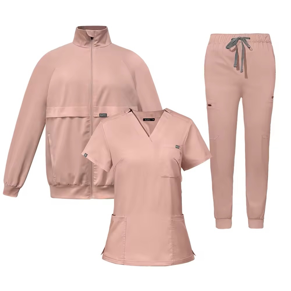 Three-piece Set Nurse Scrub Sets Long-sleeved Jacket Jogger Pants V-neck Nursing Uniform for Hospital Beauty Salon Work Uniform