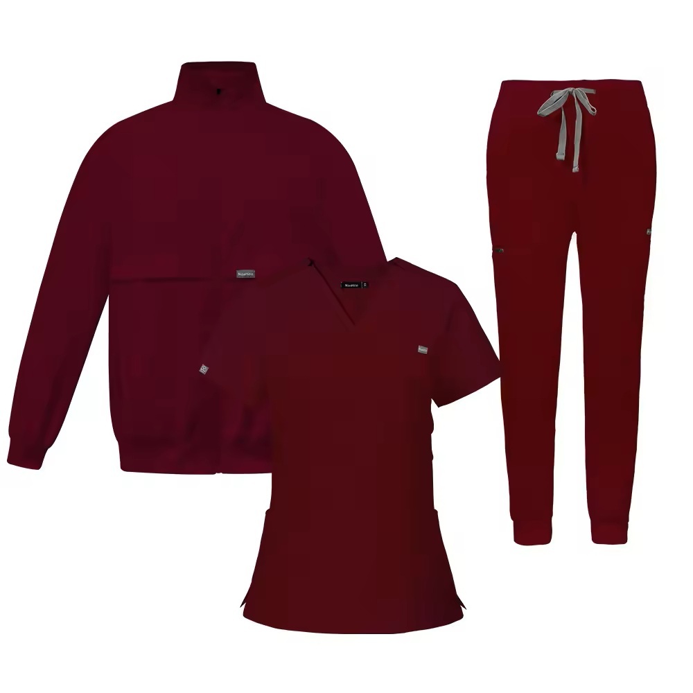 Three-piece Set Nurse Scrub Sets Long-sleeved Jacket Jogger Pants V-neck Nursing Uniform for Hospital Beauty Salon Work Uniform