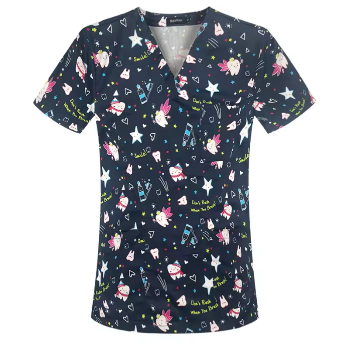 Hospital Nurse Uniform V-neck Floral Top Nursing Scrubs Unisex Cotton Work Clothes Short Sleeves Women Men Multicolour