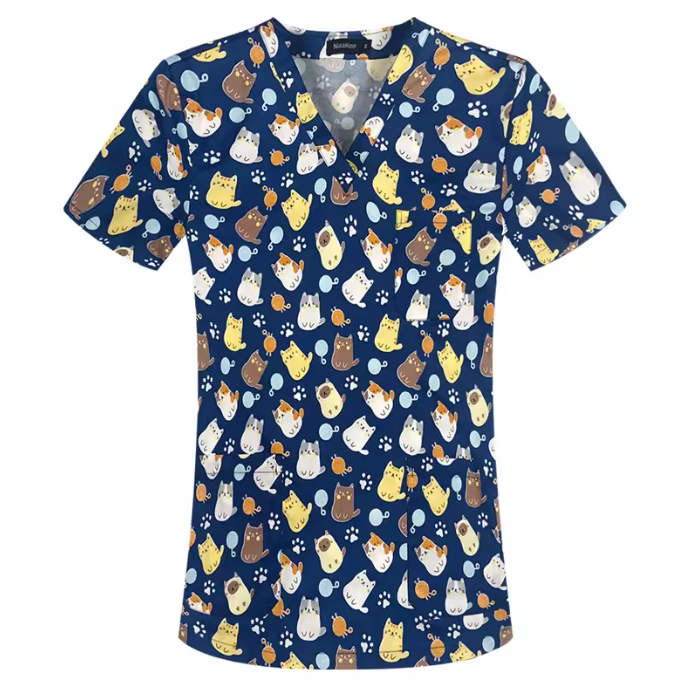 Hospital Nurse Uniform V-neck Floral Top Nursing Scrubs Unisex Cotton Work Clothes Short Sleeves Women Men Multicolour