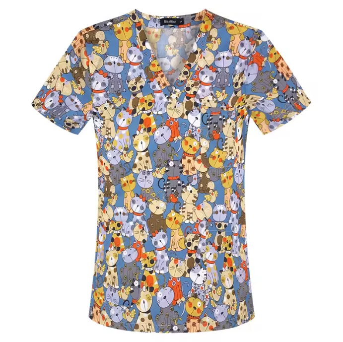 Hospital Nurse Uniform V-neck Floral Top Nursing Scrubs Unisex Cotton Work Clothes Short Sleeves Women Men Multicolour