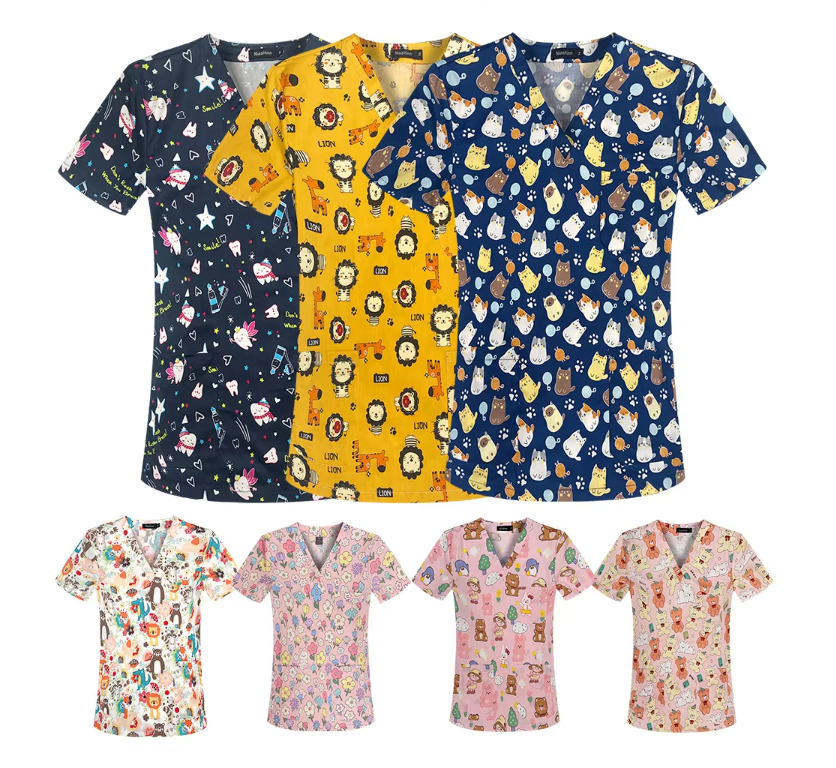 Hospital Nurse Uniform V-neck Floral Top Nursing Scrubs Unisex Cotton Work Clothes Short Sleeves Women Men Multicolour