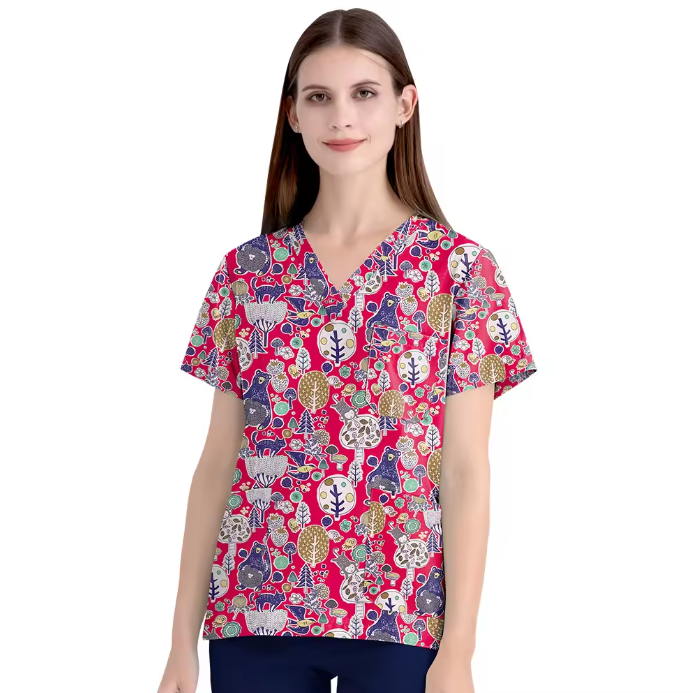 Scrubs Hospital Uniform V-neck Floral Top Nurse Nursing Uniform Unisex Cotton Work Clothes Short Sleeves Women Men Multicolour