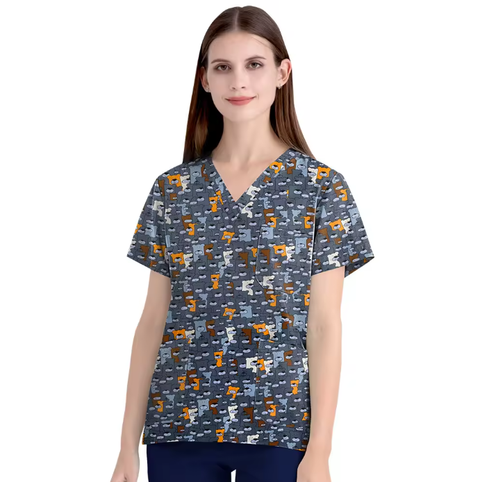 Scrubs Hospital Uniform V-neck Floral Top Nurse Nursing Uniform Unisex Cotton Work Clothes Short Sleeves Women Men Multicolour