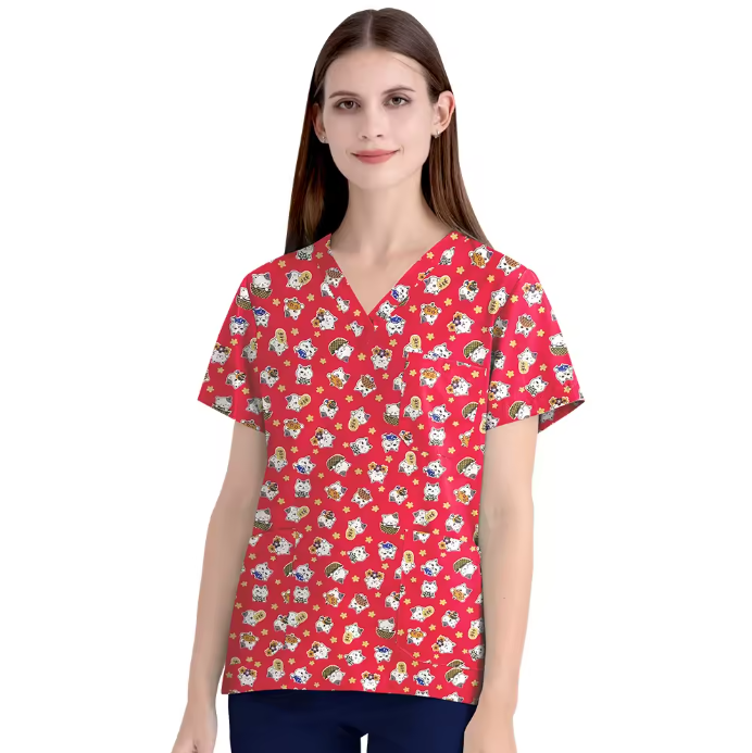 Scrubs Hospital Uniform V-neck Floral Top Nurse Nursing Uniform Unisex Cotton Work Clothes Short Sleeves Women Men Multicolour