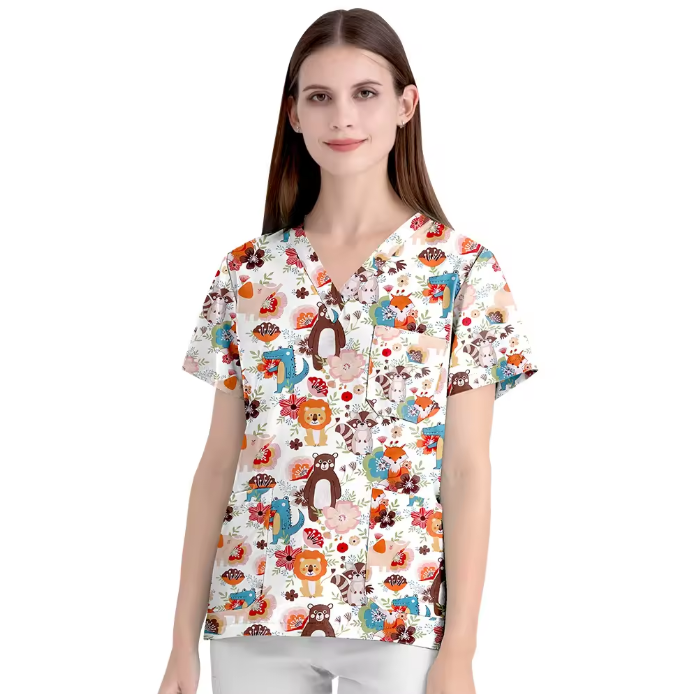 Scrubs Hospital Uniform V-neck Floral Top Nurse Nursing Uniform Unisex Cotton Work Clothes Short Sleeves Women Men Multicolour