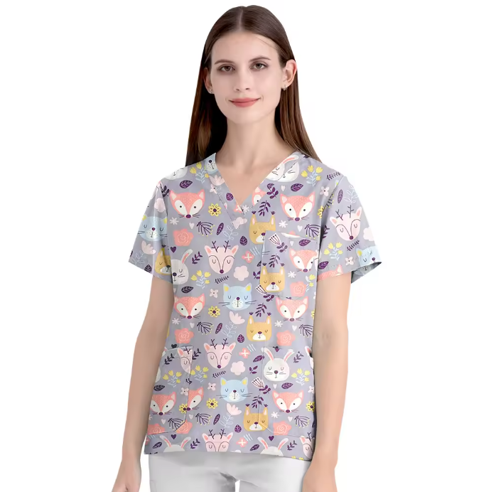 Scrubs Hospital Uniform V-neck Floral Top Nurse Nursing Uniform Unisex Cotton Work Clothes Short Sleeves Women Men Multicolour