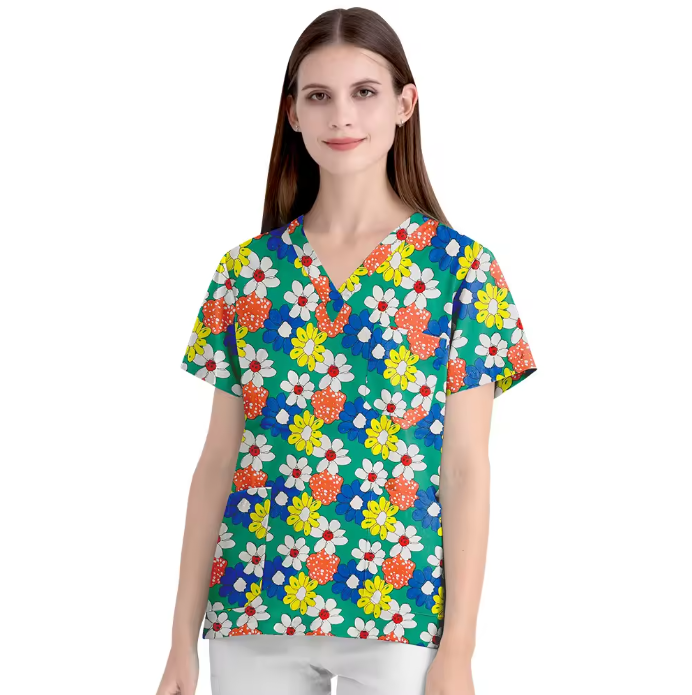 Scrubs Hospital Uniform V-neck Floral Top Nurse Nursing Uniform Unisex Cotton Work Clothes Short Sleeves Women Men Multicolour