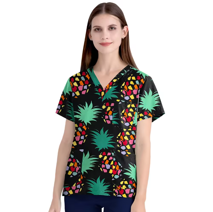 Scrubs Hospital Uniform V-neck Floral Top Nurse Nursing Uniform Unisex Cotton Work Clothes Short Sleeves Women Men Multicolour