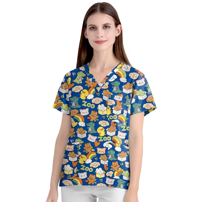 Scrubs Hospital Uniform V-neck Floral Top Nurse Nursing Uniform Unisex Cotton Work Clothes Short Sleeves Women Men Multicolour