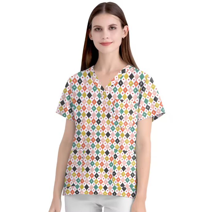 Scrubs Hospital Uniform V-neck Floral Top Nurse Nursing Uniform Unisex Cotton Work Clothes Short Sleeves Women Men Multicolour