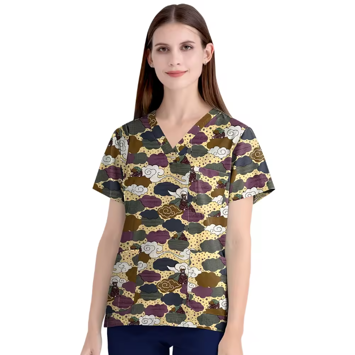 Scrubs Hospital Uniform V-neck Floral Top Nurse Nursing Uniform Unisex Cotton Work Clothes Short Sleeves Women Men Multicolour