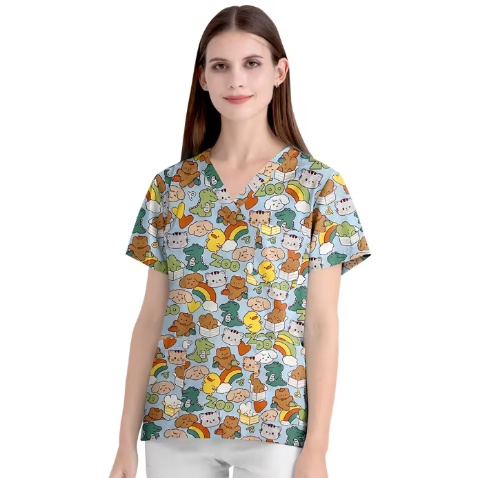 Scrubs Hospital Uniform V-neck Floral Top Nurse Nursing Uniform Unisex Cotton Work Clothes Short Sleeves Women Men Multicolour