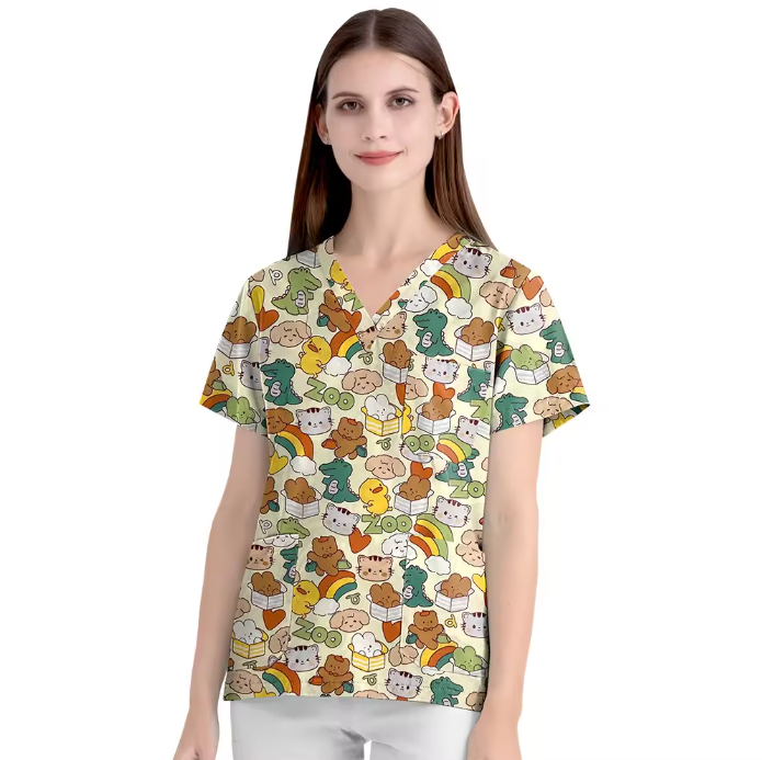 Scrubs Hospital Uniform V-neck Floral Top Nurse Nursing Uniform Unisex Cotton Work Clothes Short Sleeves Women Men Multicolour