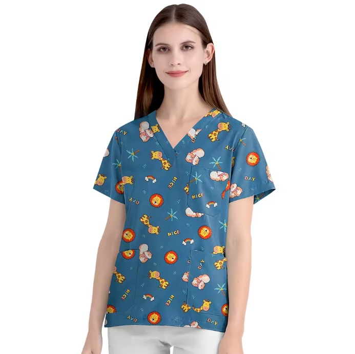 Scrubs Hospital Uniform V-neck Floral Top Nurse Nursing Uniform Unisex Cotton Work Clothes Short Sleeves Women Men Multicolour