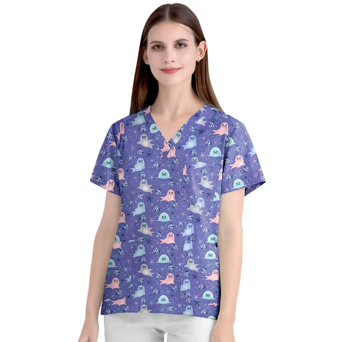 Scrubs Hospital Uniform V-neck Floral Top Nurse Nursing Uniform Unisex Cotton Work Clothes Short Sleeves Women Men Multicolour