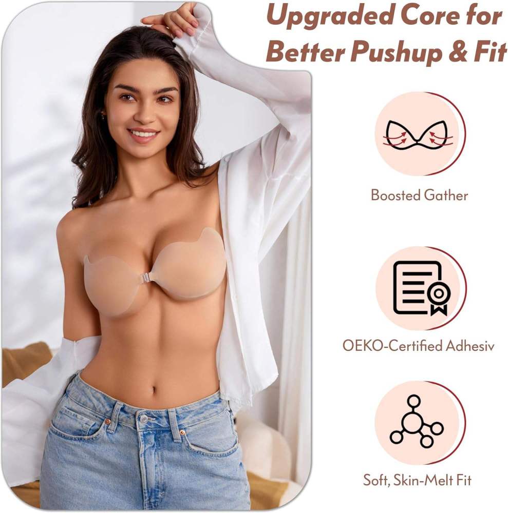 Push up Strapless Bra for Women Backless Sticky Bra for Enhanced Cleavage & Deep V Reusable Adhesive Bra
