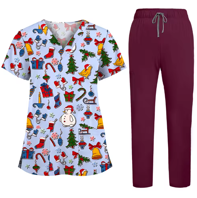 Healthcare Scrubs Uniforms Sets Printed Hospital Uniforms V-neck Summer Comfortable Work Clothes for Doctors and Nurses SPA