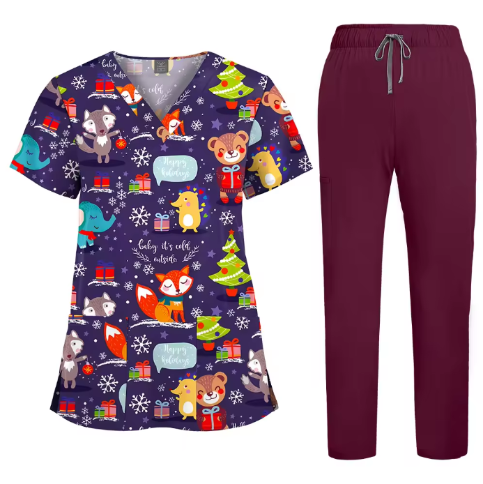 Healthcare Scrubs Uniforms Sets Printed Hospital Uniforms V-neck Summer Comfortable Work Clothes for Doctors and Nurses SPA