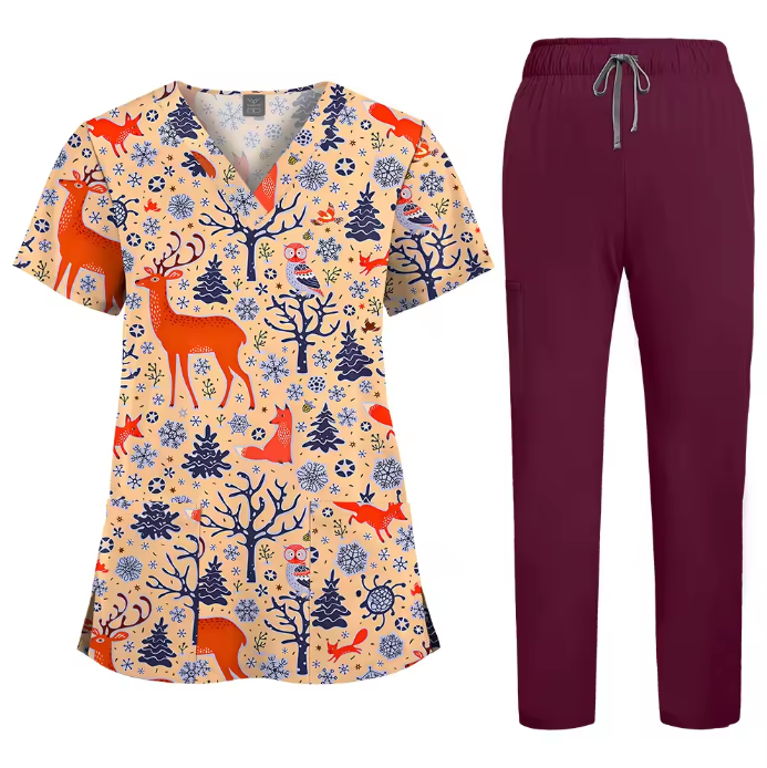 Healthcare Scrubs Uniforms Sets Printed Hospital Uniforms V-neck Summer Comfortable Work Clothes for Doctors and Nurses SPA