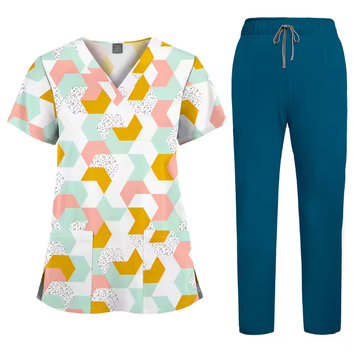 Healthcare Scrubs Uniforms Sets Printed Hospital Uniforms V-neck Summer Comfortable Work Clothes for Doctors and Nurses SPA