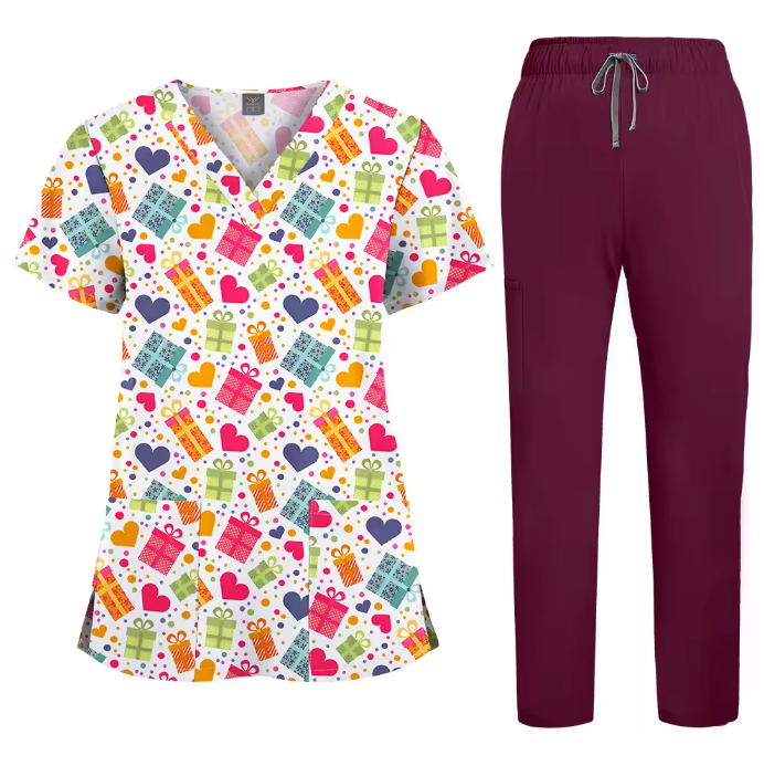 Healthcare Scrubs Uniforms Sets Printed Hospital Uniforms V-neck Summer Comfortable Work Clothes for Doctors and Nurses SPA