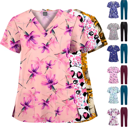 Healthcare Scrubs Uniforms Sets Printed Hospital Uniforms V-neck Summer Comfortable Work Clothes for Doctors and Nurses SPA