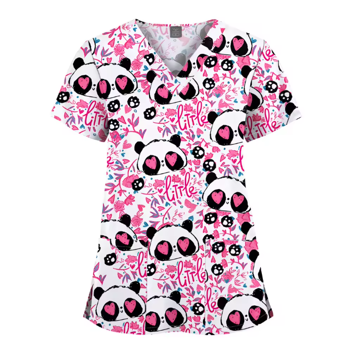 Custom Printed Uniform Tops V-Neck Hospital Printed Scrubs Uniforms Sets Men and Women Cartoon T-shirt Printed Uniform