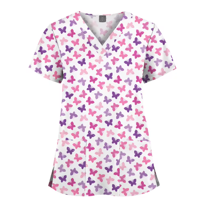 Custom Printed Uniform Tops V-Neck Hospital Printed Scrubs Uniforms Sets Men and Women Cartoon T-shirt Printed Uniform