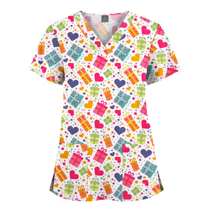 Custom Printed Uniform Tops V-Neck Hospital Printed Scrubs Uniforms Sets Men and Women Cartoon T-shirt Printed Uniform