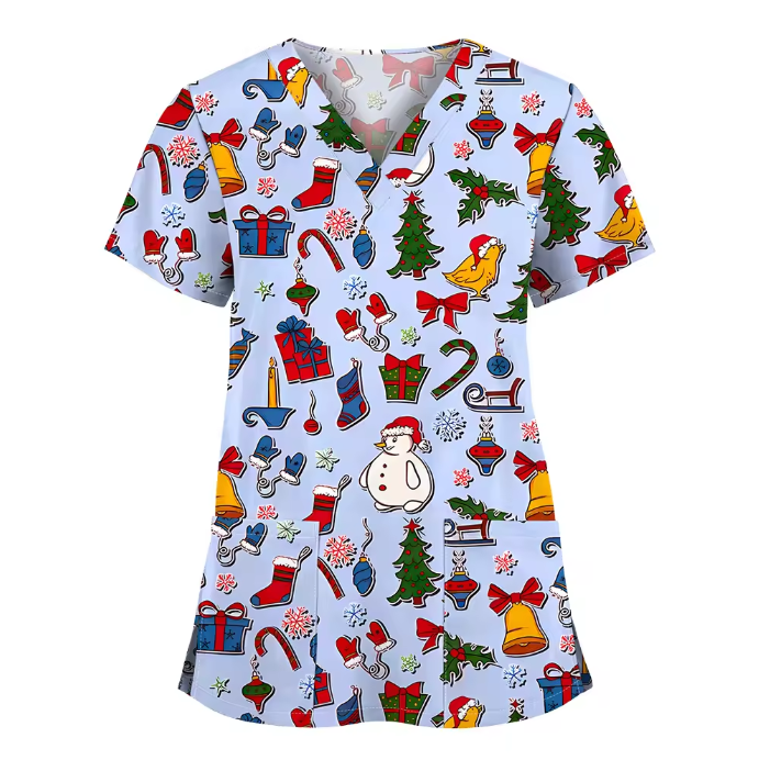 Custom Printed Uniform Tops V-Neck Hospital Printed Scrubs Uniforms Sets Men and Women Cartoon T-shirt Printed Uniform