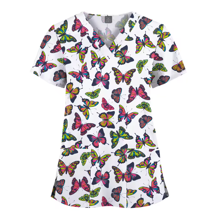 Custom Printed Uniform Tops V-Neck Hospital Printed Scrubs Uniforms Sets Men and Women Cartoon T-shirt Printed Uniform