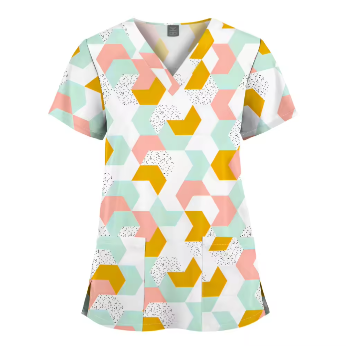 Custom Printed Uniform Tops V-Neck Hospital Printed Scrubs Uniforms Sets Men and Women Cartoon T-shirt Printed Uniform