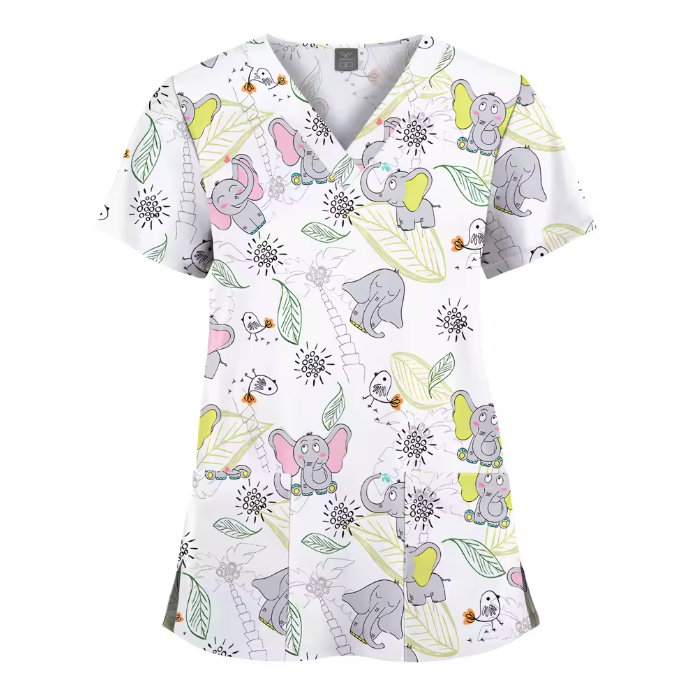 Custom Printed Uniform Tops V-Neck Hospital Printed Scrubs Uniforms Sets Men and Women Cartoon T-shirt Printed Uniform