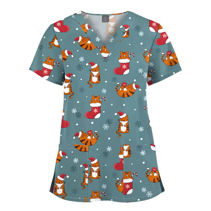 Custom Printed Uniform Tops V-Neck Hospital Printed Scrubs Uniforms Sets Men and Women Cartoon T-shirt Printed Uniform