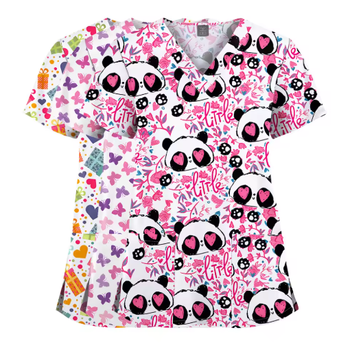Custom Printed Uniform Tops V-Neck Hospital Printed Scrubs Uniforms Sets Men and Women Cartoon T-shirt Printed Uniform