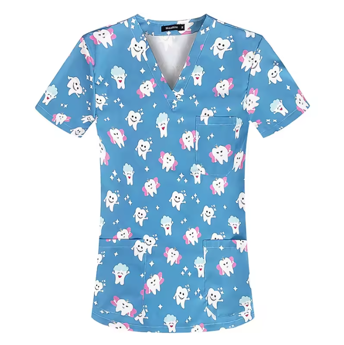 New Nursing Uniforms Tops for Hospital&private Clinics&beauty Salons With V-neck Floral Printed Short Sleeves Women Scrubs