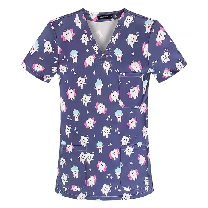 New Nursing Uniforms Tops for Hospital&private Clinics&beauty Salons With V-neck Floral Printed Short Sleeves Women Scrubs