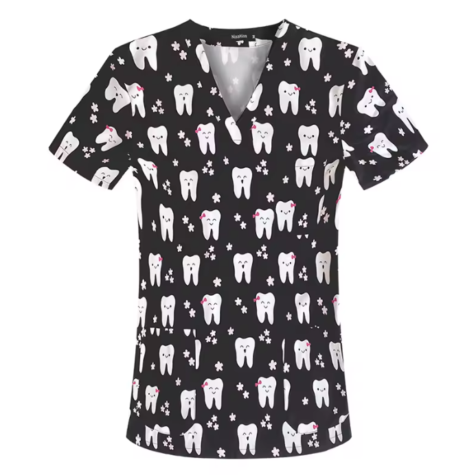 New Nursing Uniforms Tops for Hospital&private Clinics&beauty Salons With V-neck Floral Printed Short Sleeves Women Scrubs